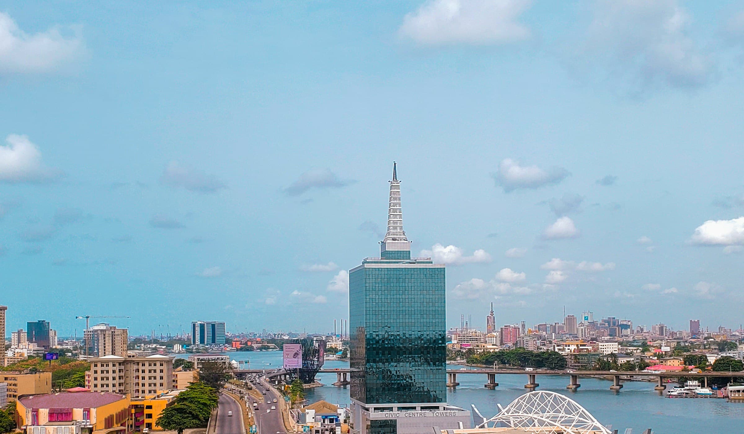Lagos skyline at the Civic Centre Towers and Five Cowries Creek